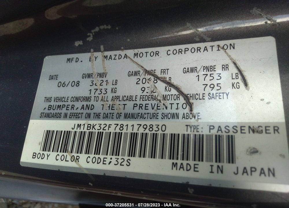 2008 MAZDA 3 I TOURING VALUE VIN: JM1BK32F781179830