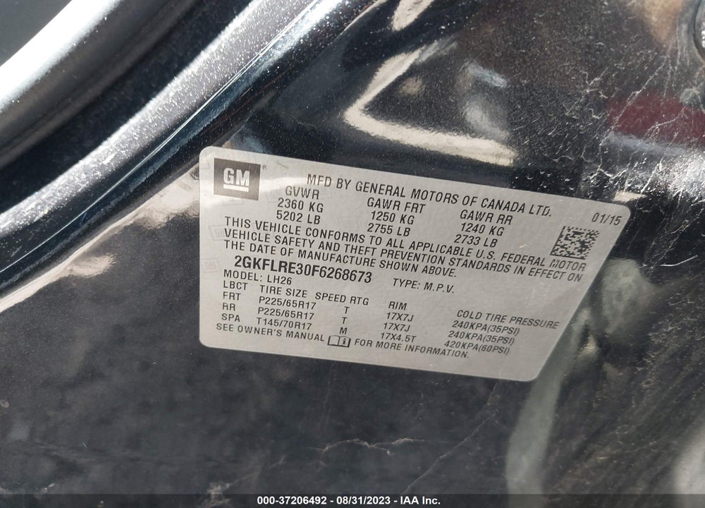 2015 GMC TERRAIN SLE-2 VIN: 2GKFLRE30F6268673