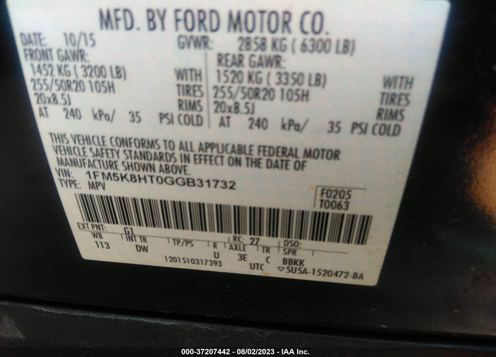 2016 FORD EXPLORER PLATINUM VIN: 1FM5K8HT0GGB31732