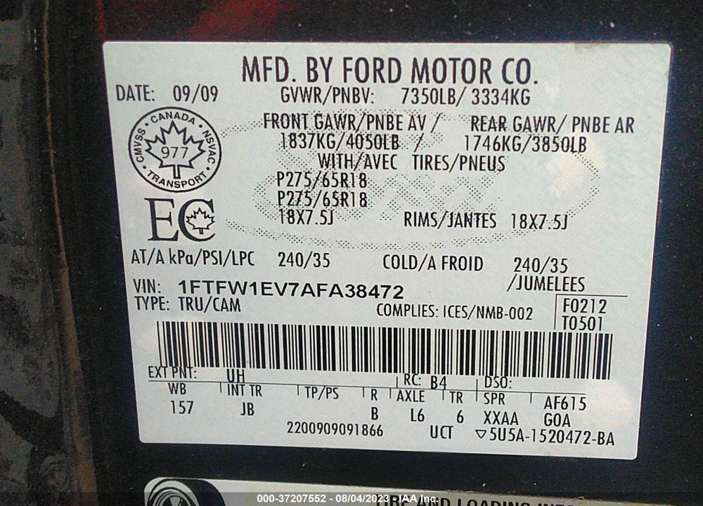 2010 FORD F-150 LARIAT/FX4/XL/XLT VIN: 1FTFW1EV7AFA38472