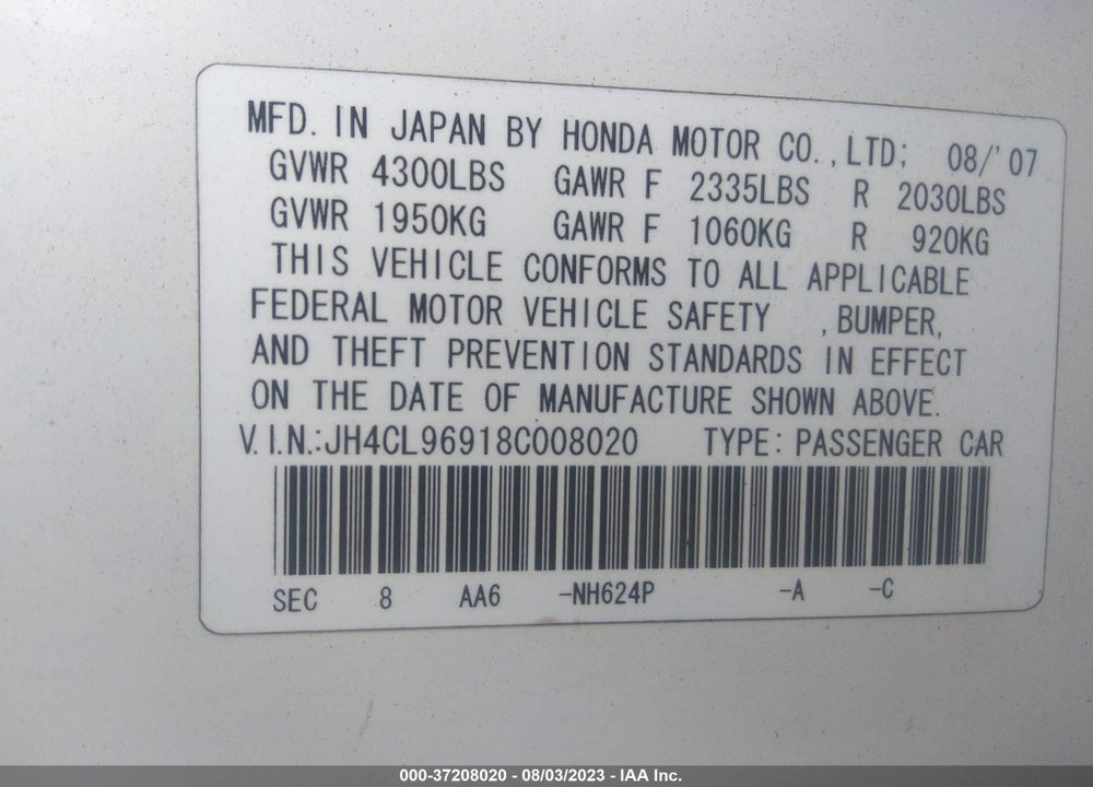 2008 ACURA TSX VIN: JH4CL96918C008020