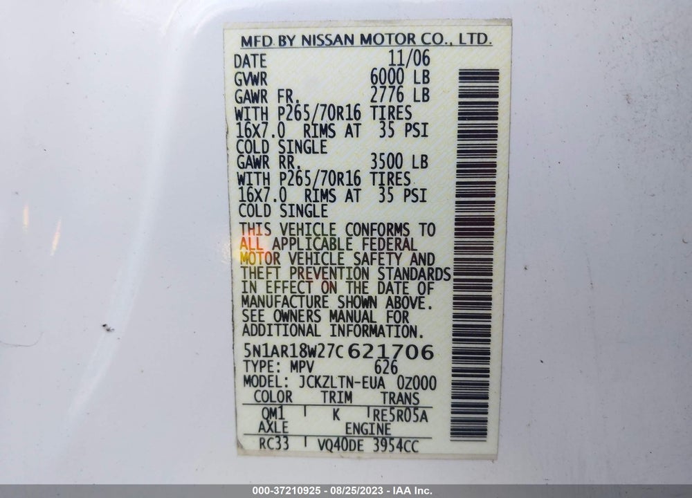 2007 NISSAN PATHFINDER VIN: 5N1AR18W27C621706