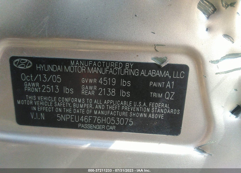 2006 HYUNDAI SONATA LX V6/GLS V6 VIN: 5NPEU46F76H053075