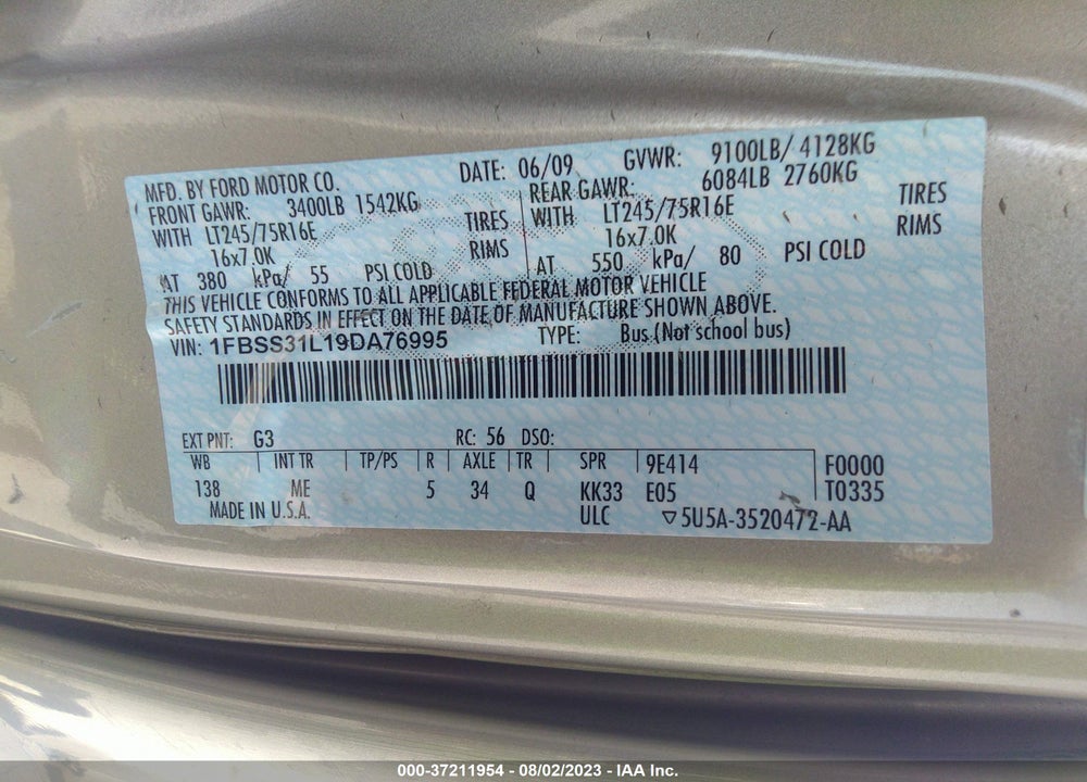2009 FORD E-350 SUPER DUTY XLT VIN: 1FBSS31L19DA76995