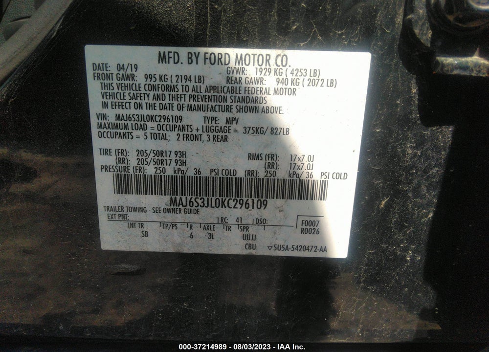 2019 FORD ECOSPORT SES VIN: MAJ6S3JL0KC296109