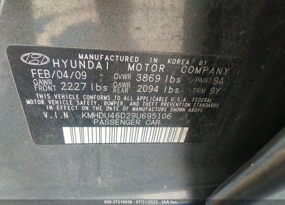 2009 HYUNDAI ELANTRA SE VIN: KMHDU46D29U695106