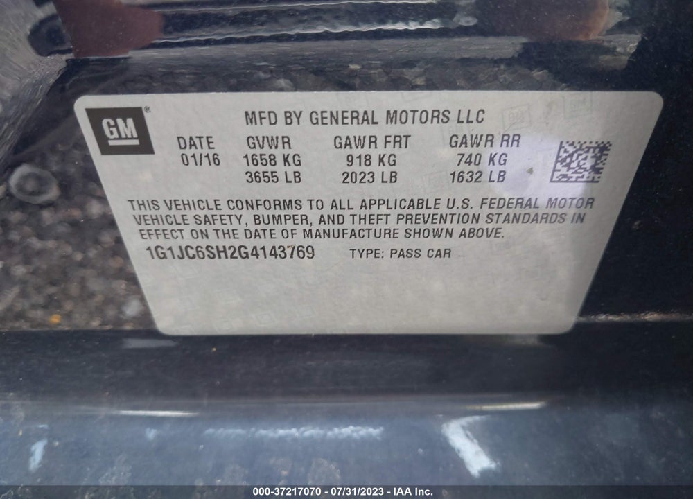 2016 CHEVROLET SONIC LT AUTO VIN: 1G1JC6SH2G4143769