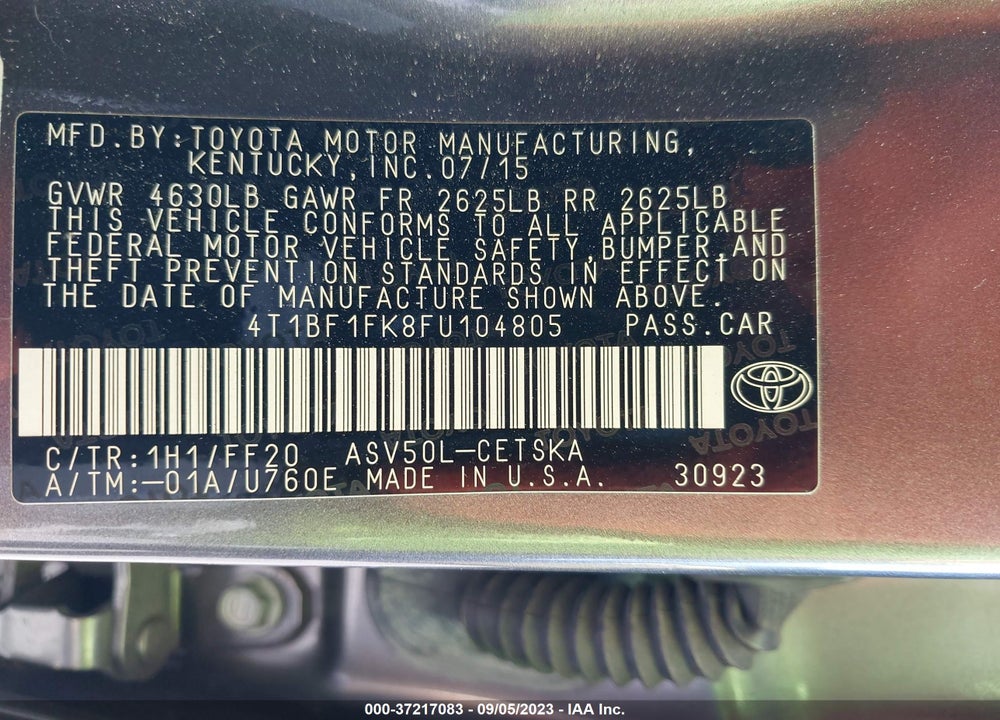 2015 TOYOTA CAMRY VIN: 4T1BF1FK8FU104805