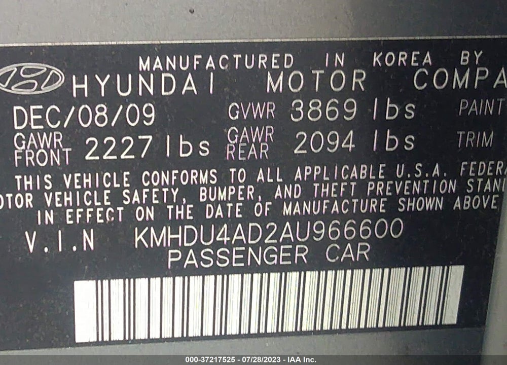 2010 HYUNDAI ELANTRA GLS VIN: KMHDU4AD2AU966600