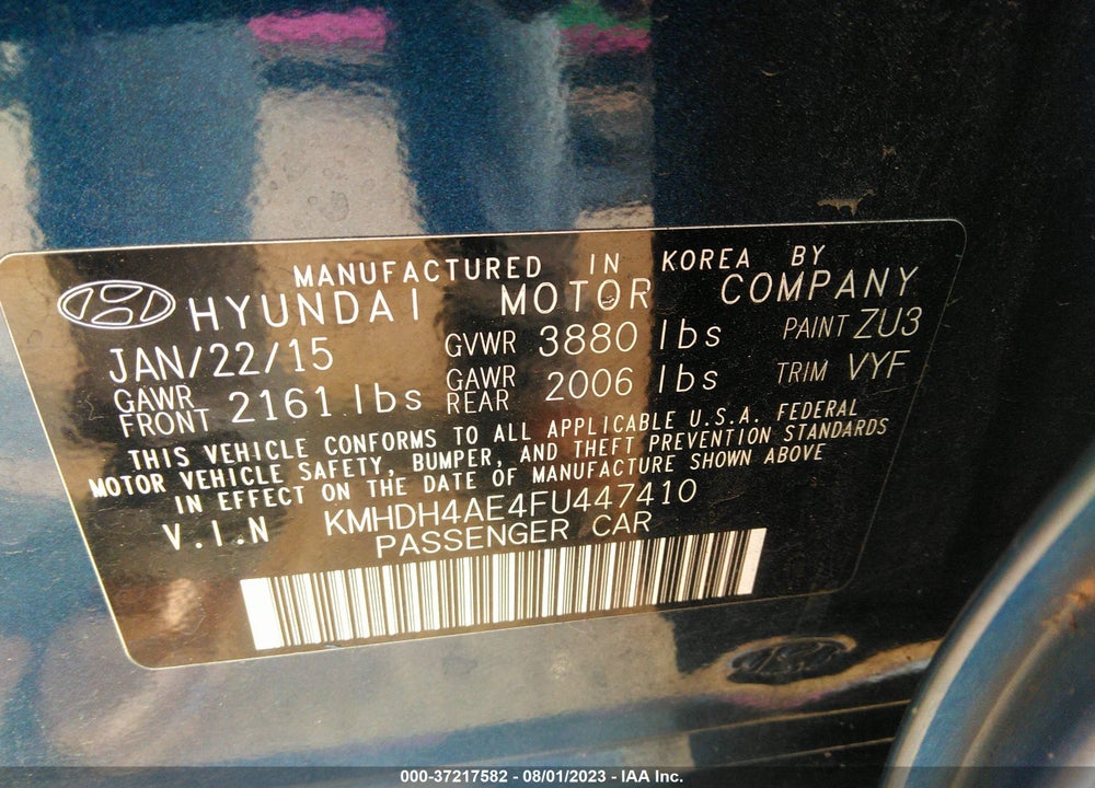 2015 HYUNDAI ELANTRA SE (ULSAN PLANT) VIN: KMHDH4AE4FU447410