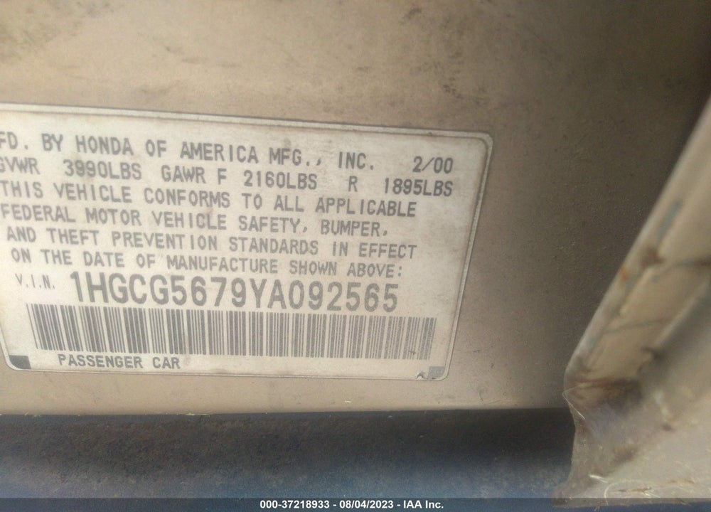 2000 HONDA ACCORD 2.3 SE VIN: 1HGCG5679YA092565
