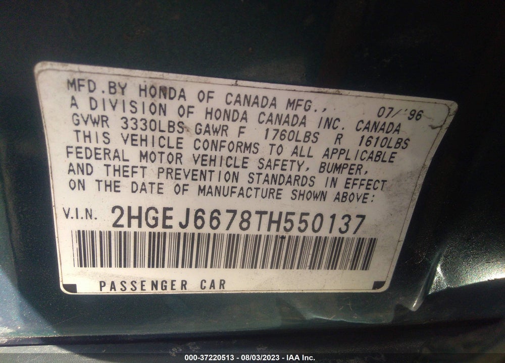 1996 HONDA CIVIC LX VIN: 2HGEJ6678TH550137