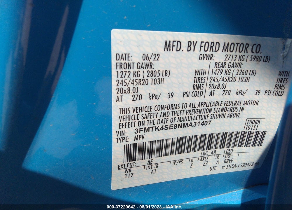 2022 FORD MUSTANG MACH-E GT VIN: 3FMTK4SE8NMA31407
