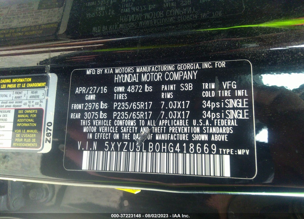 2017 HYUNDAI SANTA FE SPORT 2.4L VIN: 5XYZU3LB0HG418669