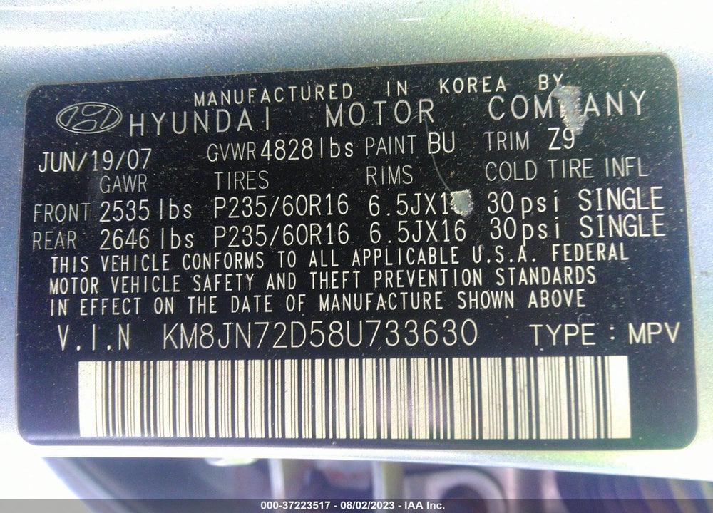2008 HYUNDAI TUCSON LIMITED V6/SE VIN: KM8JN72D58U733630