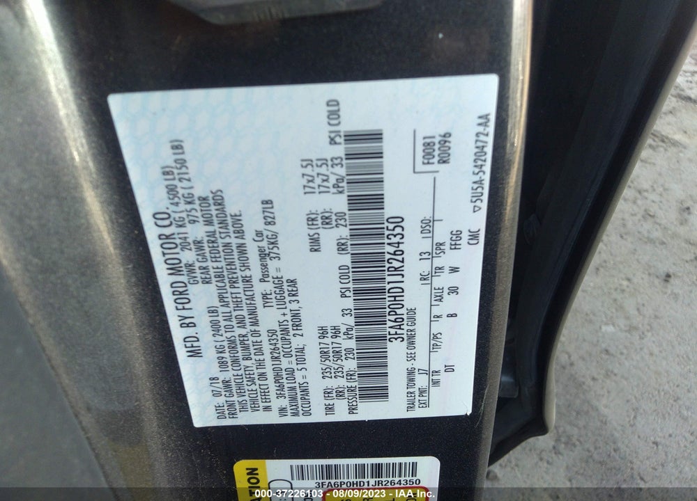 2018 FORD FUSION SE VIN: 3FA6P0HD1JR264350