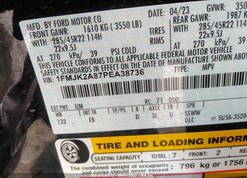 2023 FORD EXPEDITION LIMITED MAX VIN: 1FMJK2A87PEA38736