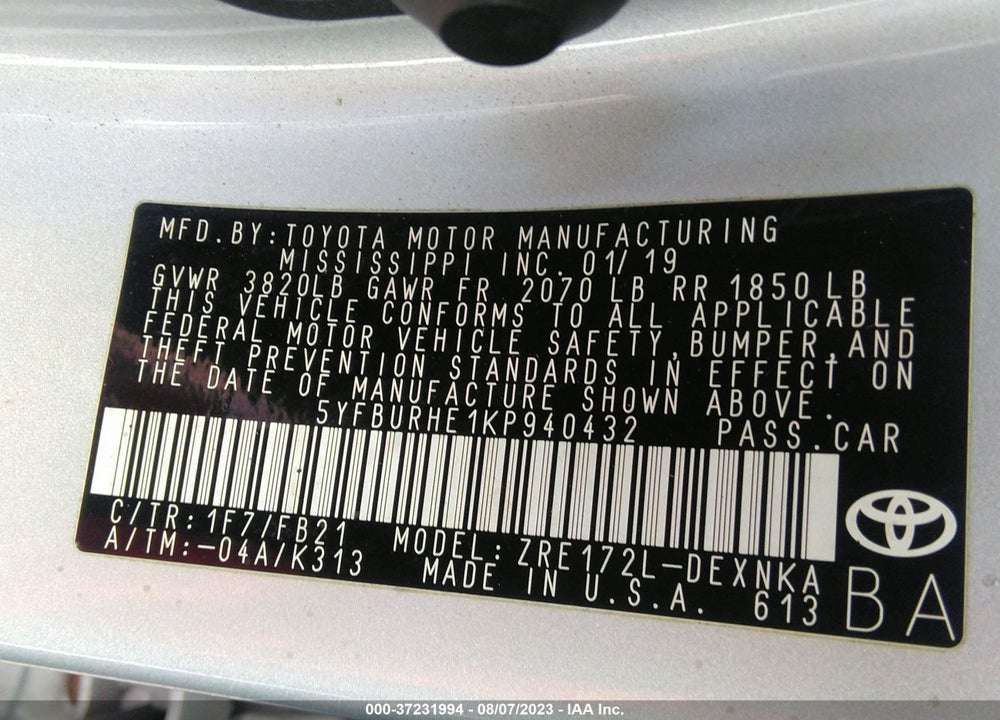 2019 TOYOTA COROLLA LE VIN: 5YFBURHE1KP940432
