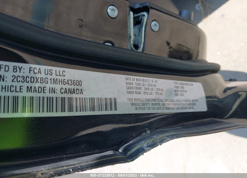 2021 DODGE CHARGER SXT RWD VIN: 2C3CDXBG1MH643600
