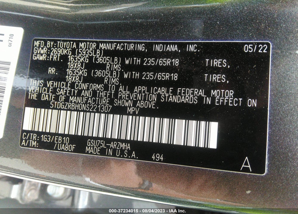 2022 TOYOTA HIGHLANDER XLE VIN: 5TDGZRBH0NS221307