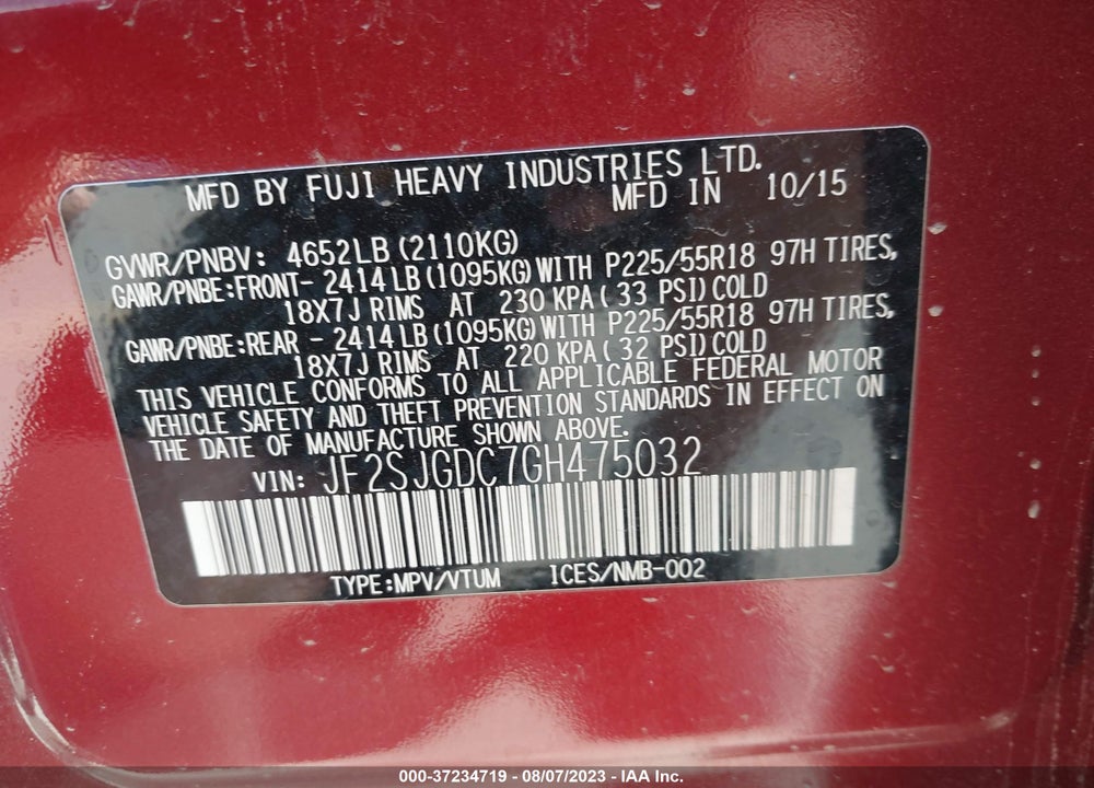2016 SUBARU FORESTER 2.0XT PREMIUM VIN: JF2SJGDC7GH475032