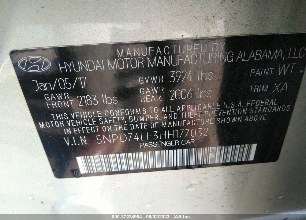 2017 HYUNDAI ELANTRA SE VIN: 5NPD74LF3HH177032