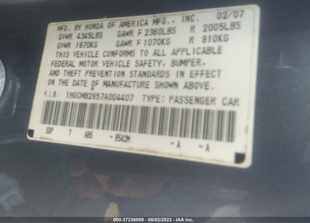 2007 HONDA ACCORD 3.0 EX VIN: 1HGCM82657A004407