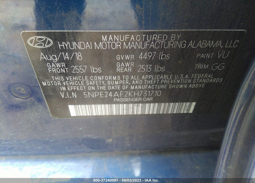 2019 HYUNDAI SONATA SE VIN: 5NPE24AF2KH731710
