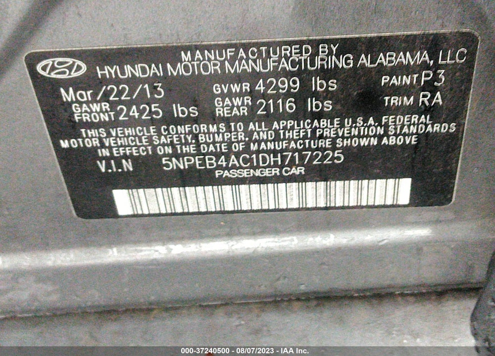 2013 HYUNDAI SONATA GLS VIN: 5NPEB4AC1DH717225