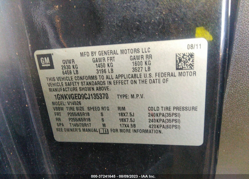2012 CHEVROLET TRAVERSE 1LT VIN: 1GNKVGED9CJ135370