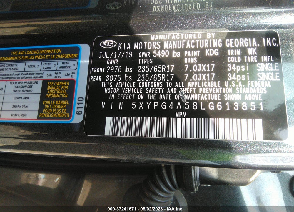 2020 KIA SORENTO VIN: 5XYPG4A58LG613851