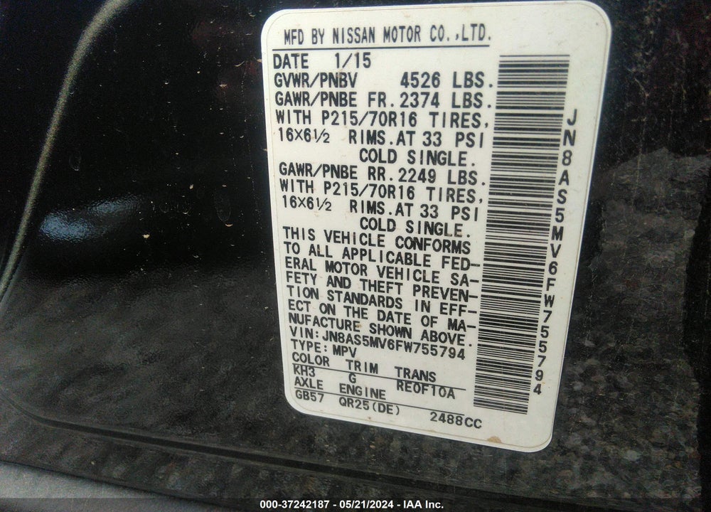 2015 NISSAN ROGUE SELECT S VIN: JN8AS5MV6FW755794