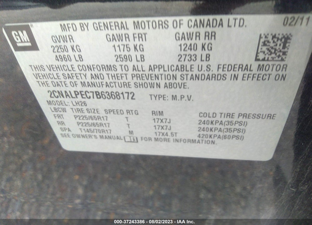 2011 CHEVROLET EQUINOX 2LT VIN: 2CNALPEC7B6368172