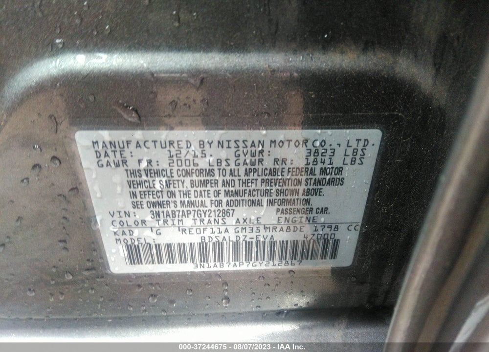 2016 NISSAN SENTRA SV VIN: 3N1AB7AP7GY212867