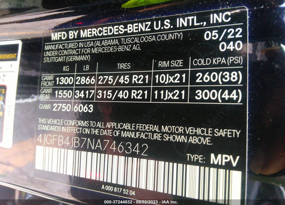 2022 MERCEDES-BENZ GLE 350 VIN: 4JGFB4JB7NA746342