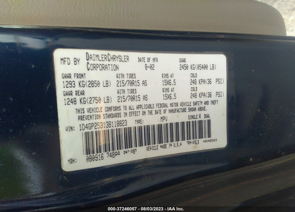 2003 DODGE CARAVAN SE VIN: 1D4GP25313B118823