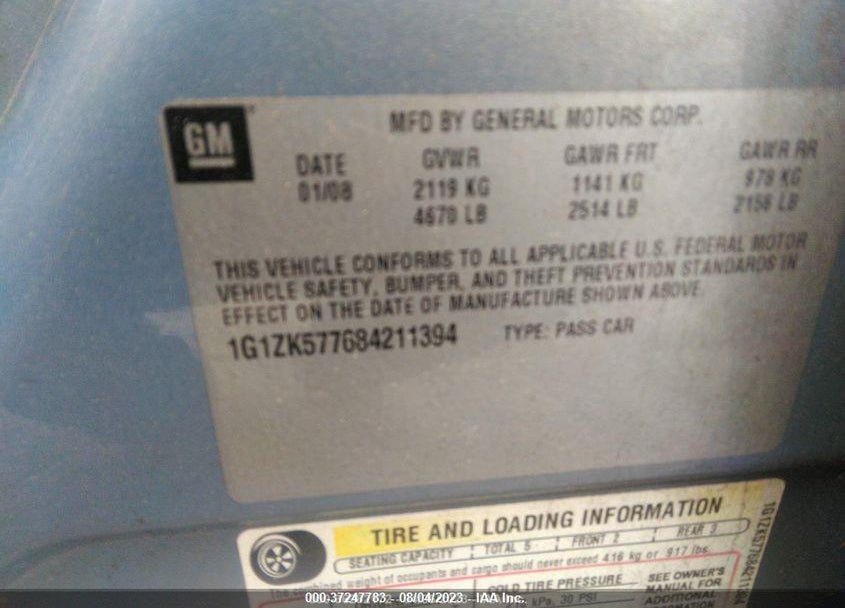 2008 CHEVROLET MALIBU LTZ VIN: 1G1ZK577684211394