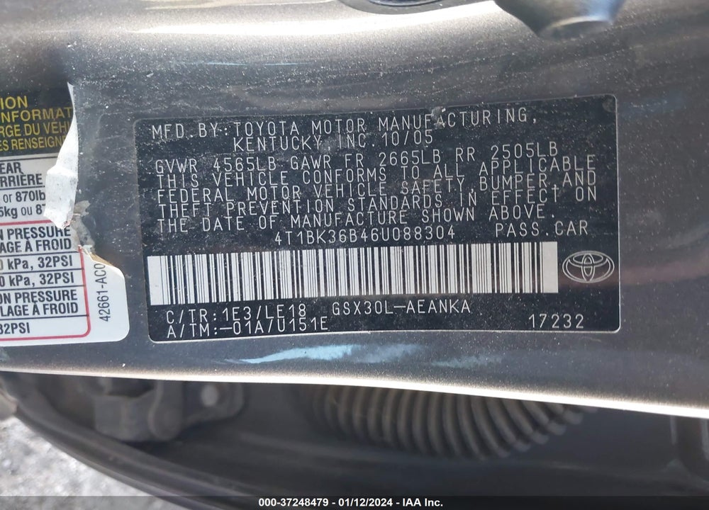 2006 TOYOTA AVALON XLS VIN: 4T1BK36B46U088304