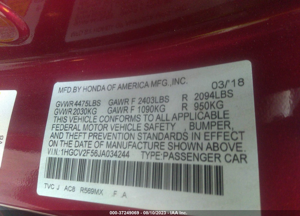 2018 HONDA ACCORD EX-L 2.0T VIN: 1HGCV2F56JA034244