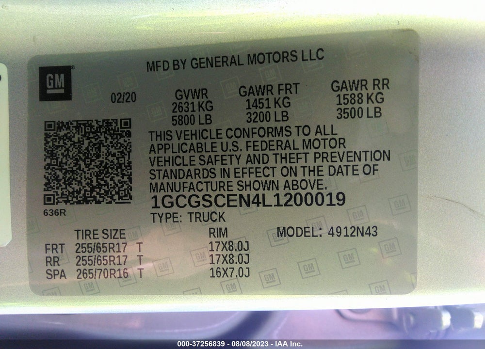 2020 CHEVROLET COLORADO 2WD SHORT BOX LT VIN: 1GCGSCEN4L1200019