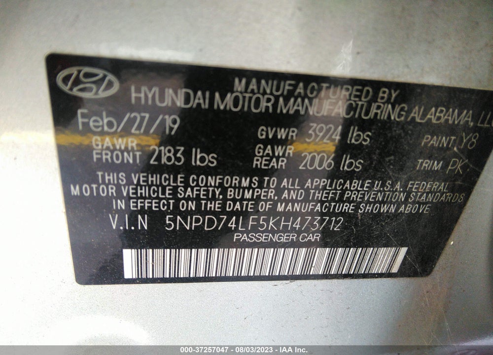 2019 HYUNDAI ELANTRA SE VIN: 5NPD74LF5KH473712