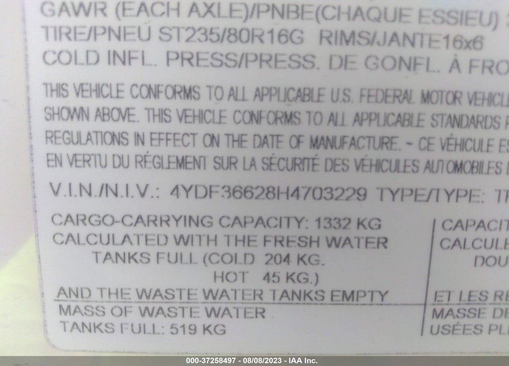 2017 KEYSTONE TRAILER VIN: 4YDF36628H4703229