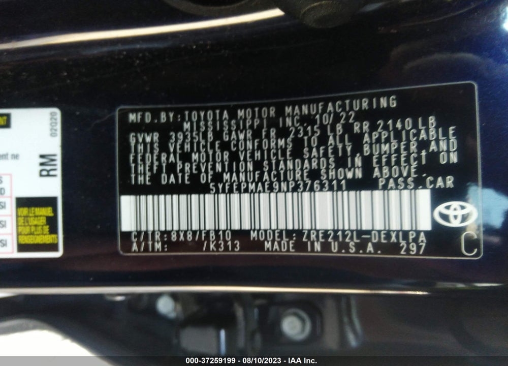 2022 TOYOTA COROLLA LE VIN: 5YFEPMAE9NP376311