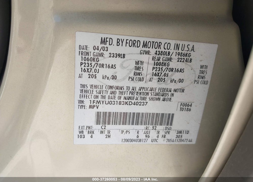 2003 FORD ESCAPE XLT VIN: 1FMYU03183KD40237