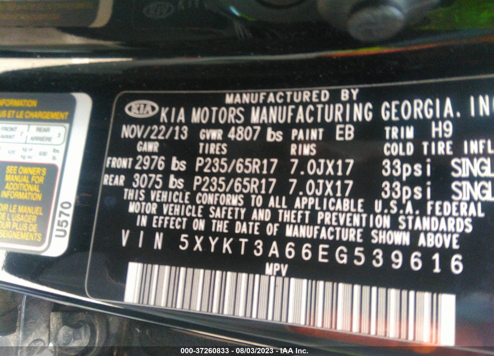 2014 KIA SORENTO LX VIN: 5XYKT3A66EG539616