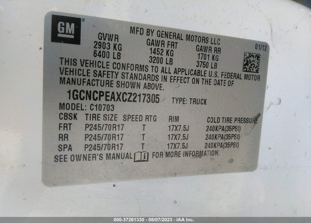2012 CHEVROLET SILVERADO 1500 WORK TRUCK VIN: 1GCNCPEAXCZ217305
