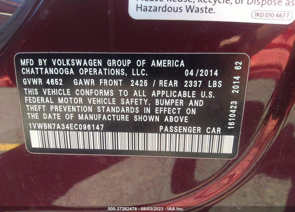 2014 VOLKSWAGEN PASSAT 2.0L TDI SE VIN: 1VWBN7A34EC096147
