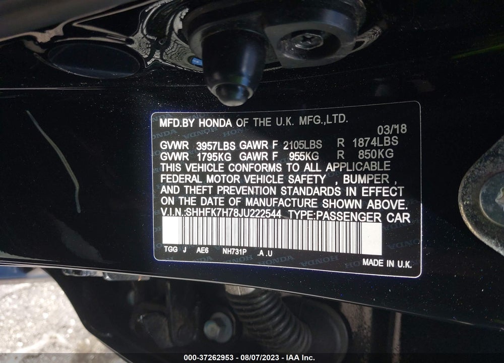 2018 HONDA CIVIC EX-L VIN: SHHFK7H78JU222544