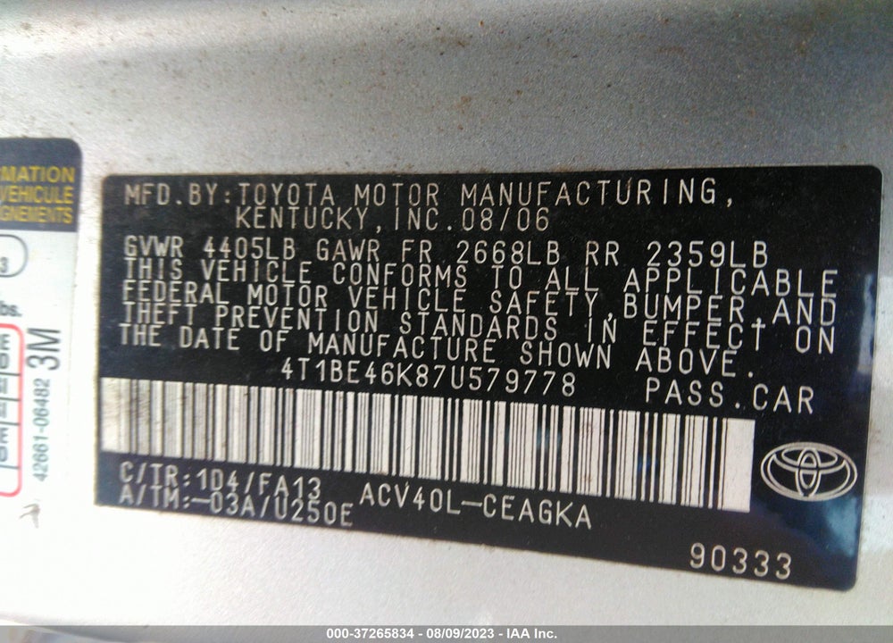 2007 TOYOTA CAMRY XLE VIN: 4T1BE46K87U579778
