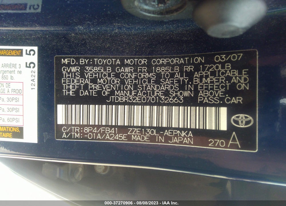 2007 TOYOTA COROLLA LE VIN: JTDBR32E070132663